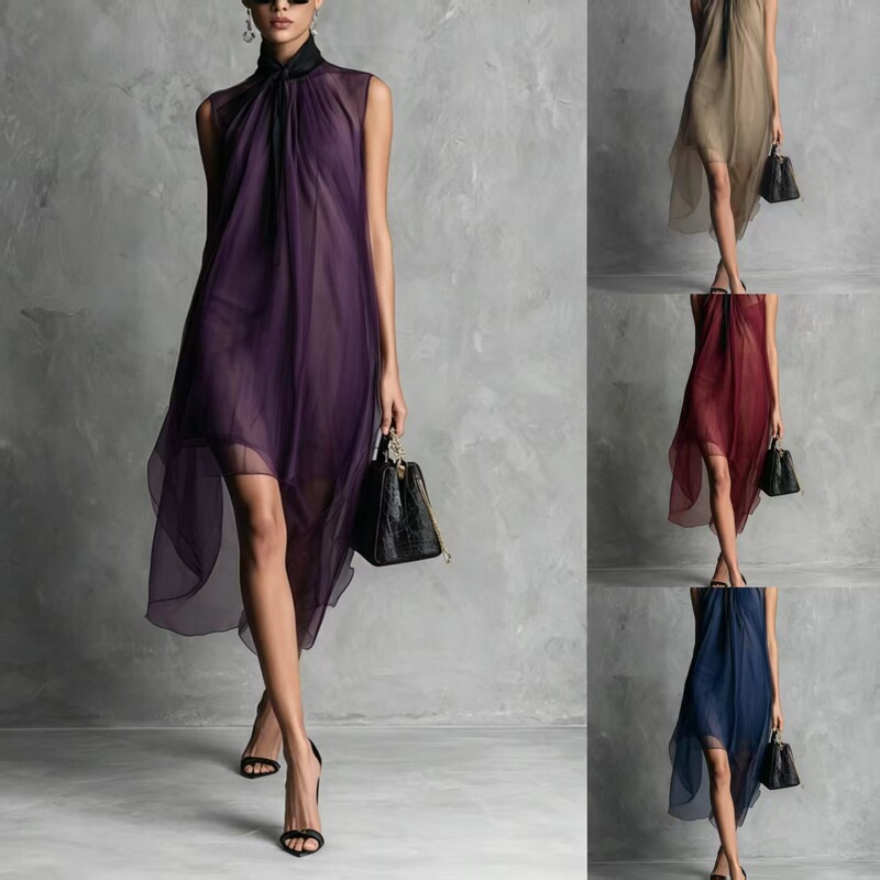 New Cross-Border Model Exclusively for Summer: High-Neck Tie-Waist Sleeveless Chiffon Dress with Irregular Mid-Length and Flowing Design for Women