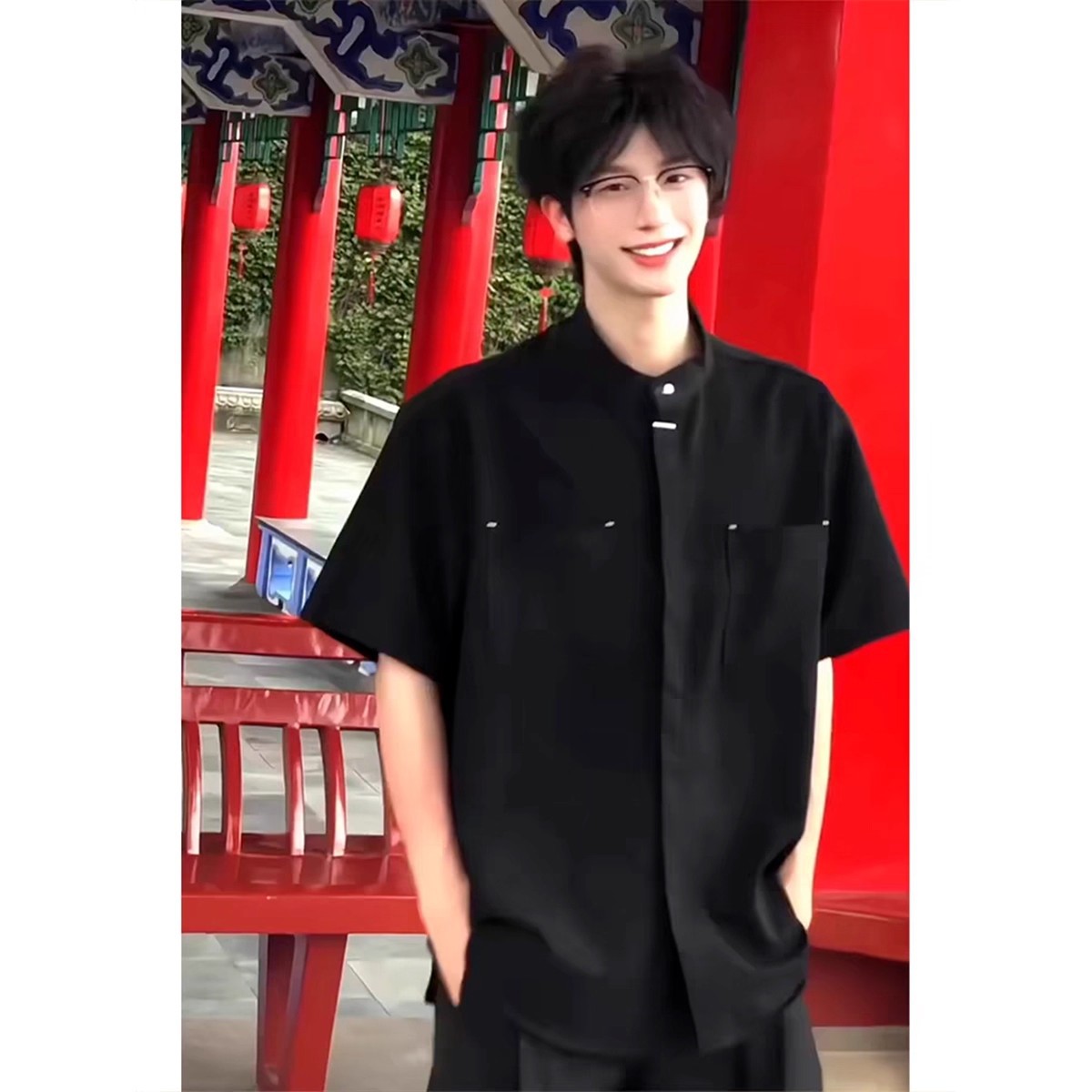 새로운 중국 스타일 스탠드 칼라 얼음 실크 시원한 반팔 셔츠 남성 여름 유행 약혼 착용 중국 스타일 5부 반팔 셔츠