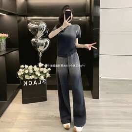 渐变色印花韩系夏套装女时尚减龄休闲运动渐变色短袖阔腿裤两件套