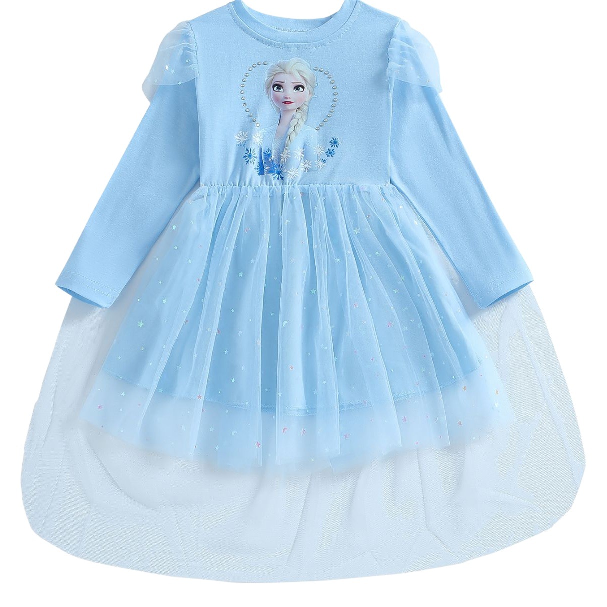 Vestido para niñas 2025, otoño e invierno, falda de malla de manga larga de algodón para bebé, vestido de princesa Elsa de estrella para niña pequeña