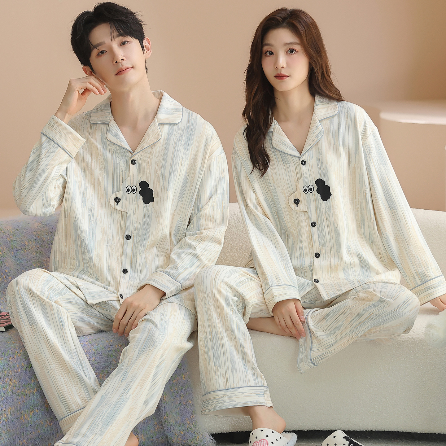 Popular Pure Cotton Pajamas for Men and Women, Spring and Autumn Long-Sleeved Cardigans, Lapels, Youth Cartoon Design Home Clothes Wholesale