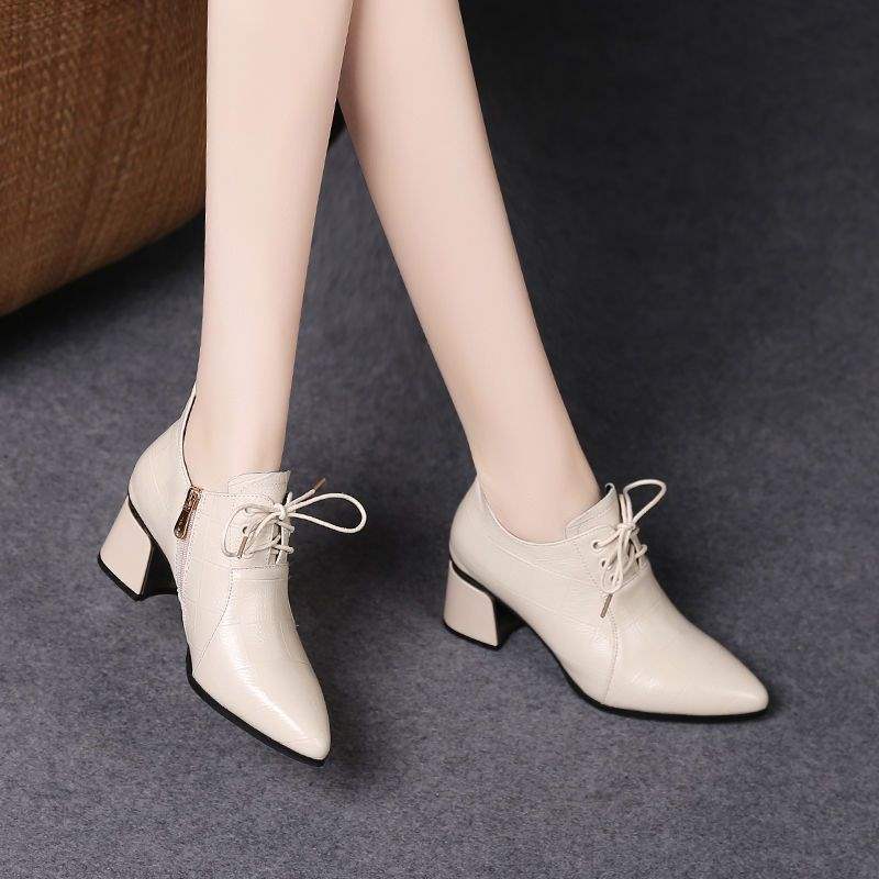 Real Soft Leather 2025 New Spring & Fall Women's Shoes Mid-Heeled Lace-Up Small Leather Shoes Women's Deep-Mouth Flats Winter Soft Leather High-Heeled Shoes