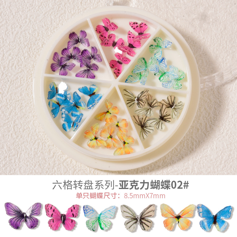 Clavo tridimensional mariposa joyería de acrílico mini uñas mariposa productos terminados transfronteriza exclusiva 6-rejilla en caja joyería