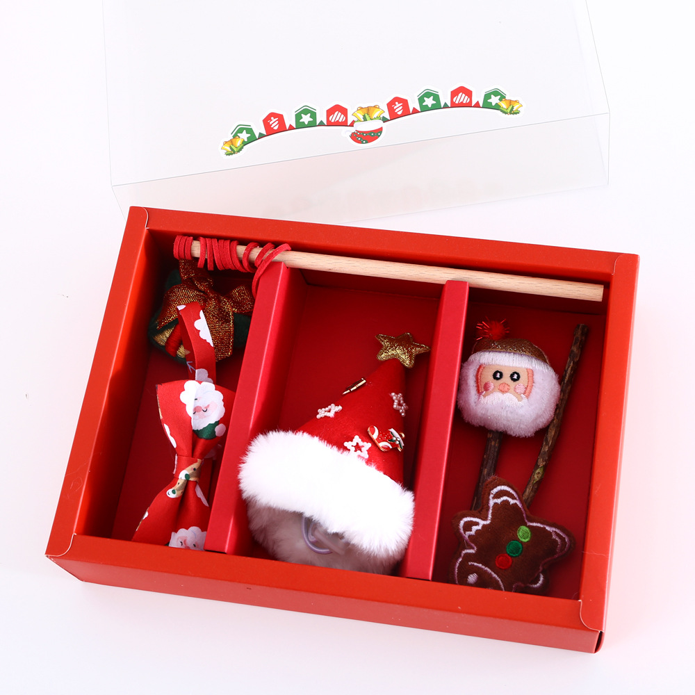 Mascota gato Santa Claus árbol sombrero pajarita collar divertido gato palo felpa molar sonido interactivo conjunto de juguetes caja