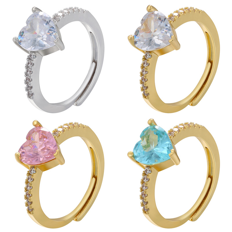 6g Weight Zircon Inlay Material Fashion Heart Shape Copper Zircon Open Ring In Bulk