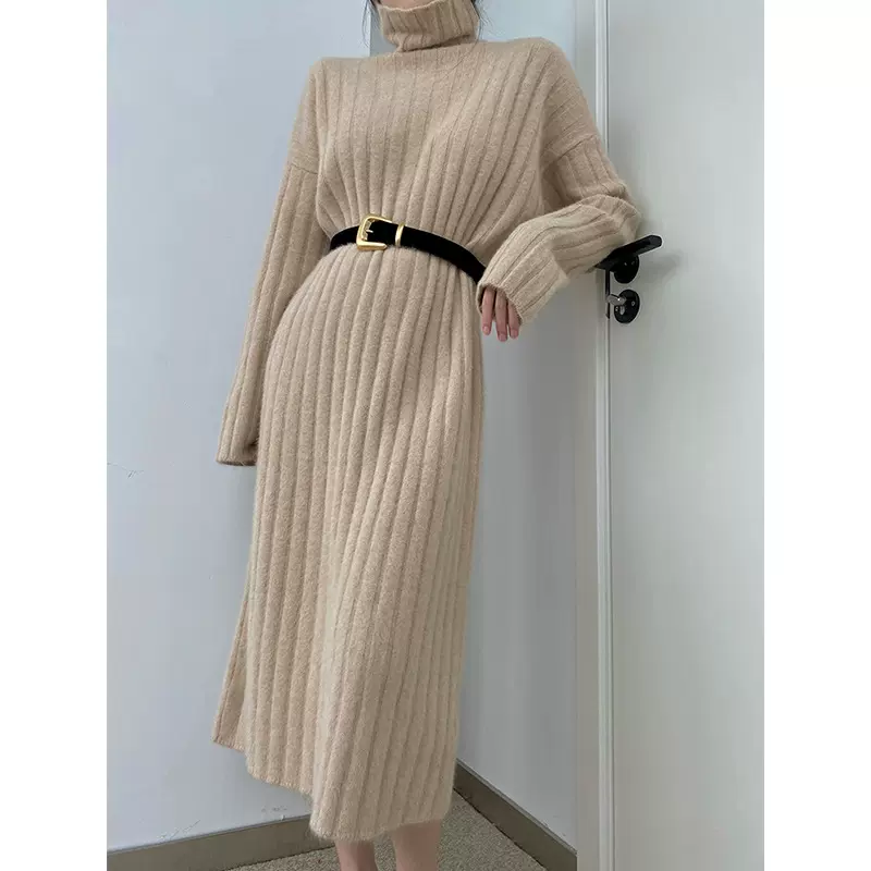 欧货高领毛衣裙女秋冬季中长款宽松慵懒风加厚高端过膝针织连衣裙