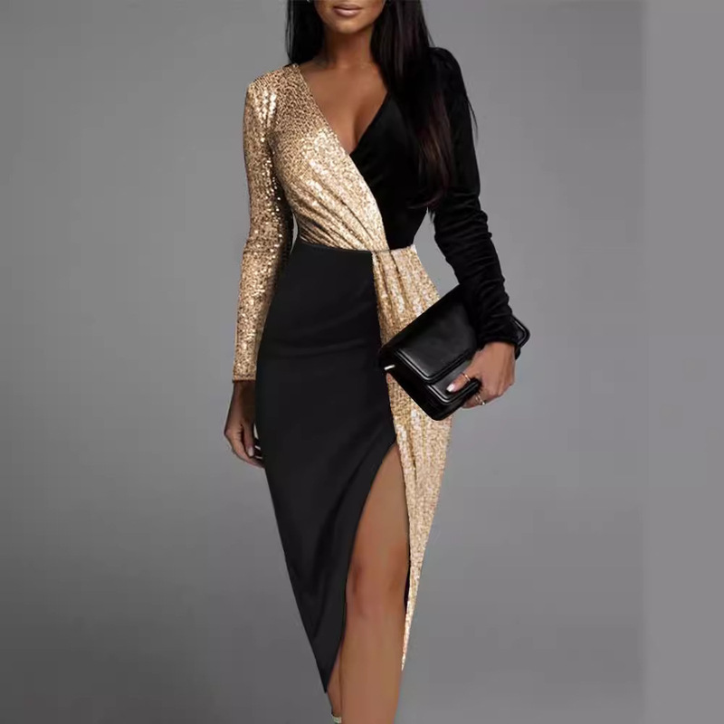 2026 Foreign Trade Spring and Summer Double-Layer Sequin Gold and Black High-Waisted Solid Color Elegant Commuter Fresh Dress