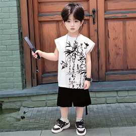 男童夏季汉服套装2026新款儿童中国风宝宝唐装少爷无袖衬衫两件套