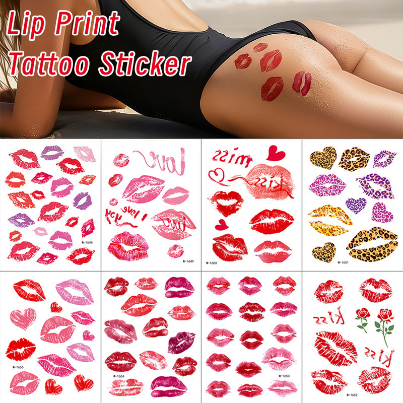 Cross-Border 8 Sets of European and American Tattoo Stickers Waterproof Valentine's Day Lip Print Heart Temporary Tattoo Leopard Print Ins Makeup Stickers