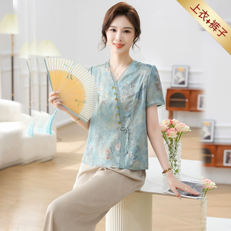 Темпераментная мама летняя 50-летняя китайская футболка с короткими рукавами 2024 летняя новая средняя и пожилая толстовка тонкая