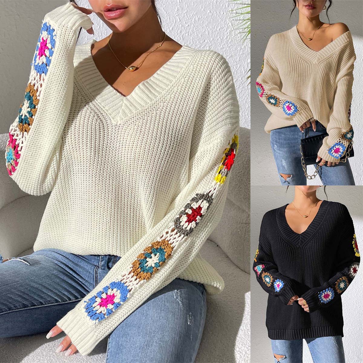 Suéter de otoño y invierno nuevo estilo de ropa de mujer europea y americana suéter de gancho de mano flor empalme suéter de cuello en V Amazon explosión