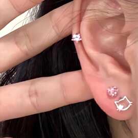 「猫咪日记」镂空小猫星星锆石耳钉小众独特夏天简约小巧高级耳饰