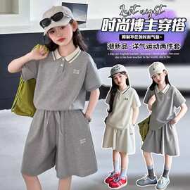 跨境虾皮女童中大童夏季polo衫短袖套装韩版休闲儿童夏装两件套潮