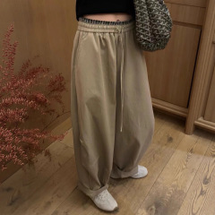 2025韩版时尚运动风拼接腰头抽绳宽松阔腿裤女秋季高腰休闲裤潮