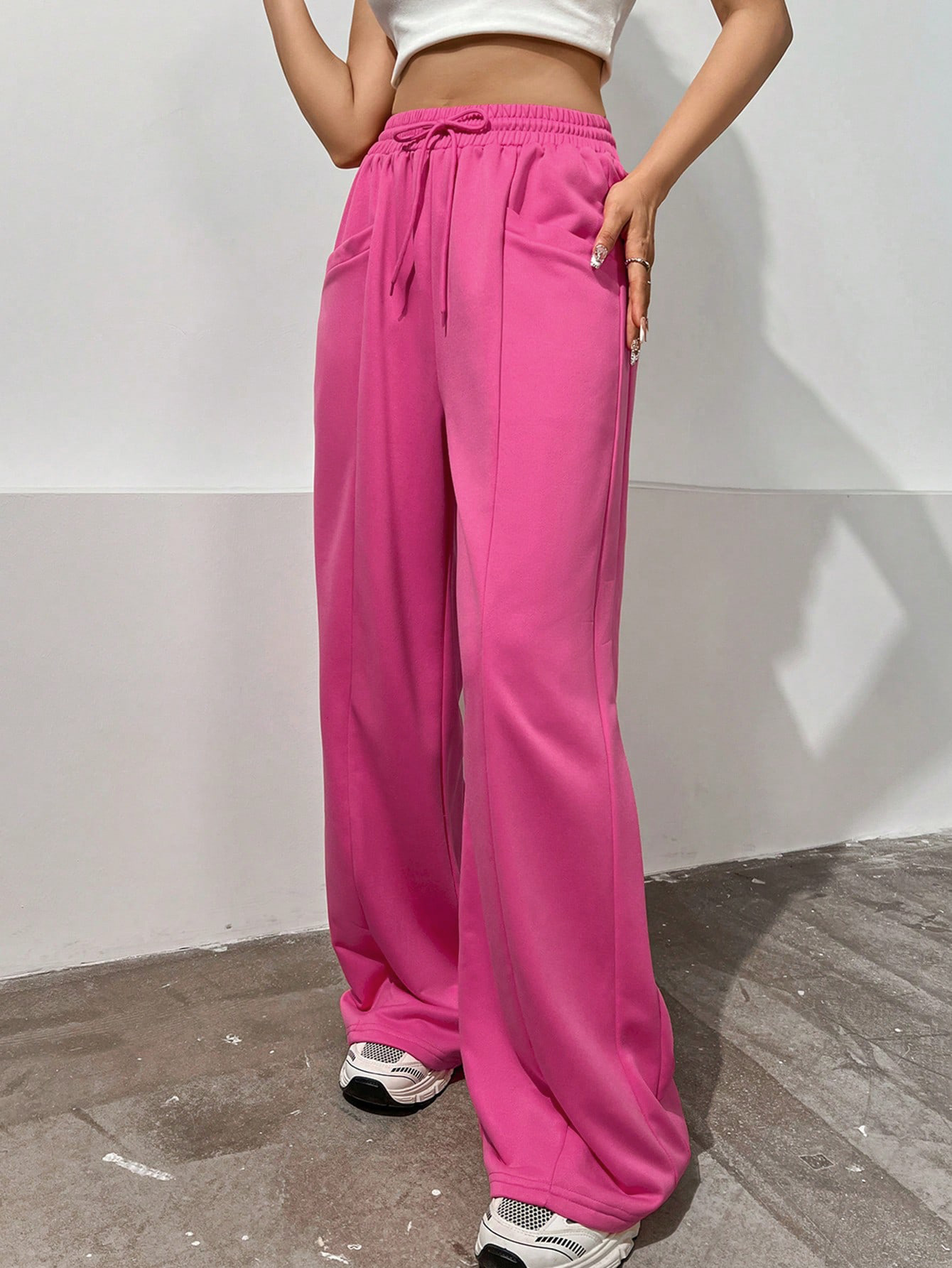 Pantalones deportivos europeos y americanos transfronterizos de las mujeres que adelgazan la fregona pantalones casuales rectos de cintura alta pantalones de pierna ancha drapeado sweatpants