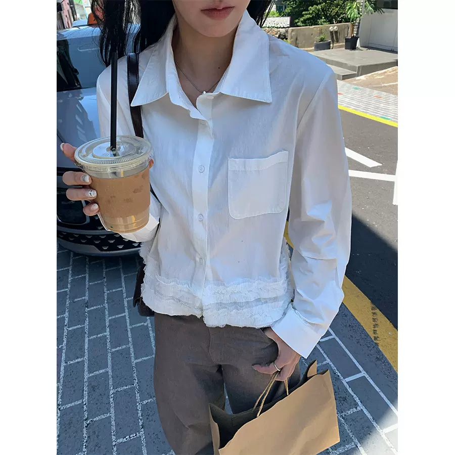 黄峥韩系木耳边拼接短款衬衫开衫2025秋季显瘦单排扣上衣女530827