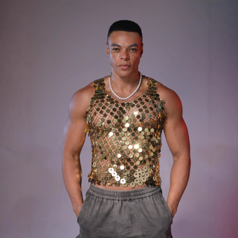 European and American Cross-Border Flash Diamond Sexy Men's Hollow Vest Top Rhinestone See-Through Nightclub Party Fishnet Sequin Vest European and American Cross-Border Flash Diamond Sexy Men's Hollow Vest Top Rhinestone See-Through Nightclub Party Fishnet Sequin Vest