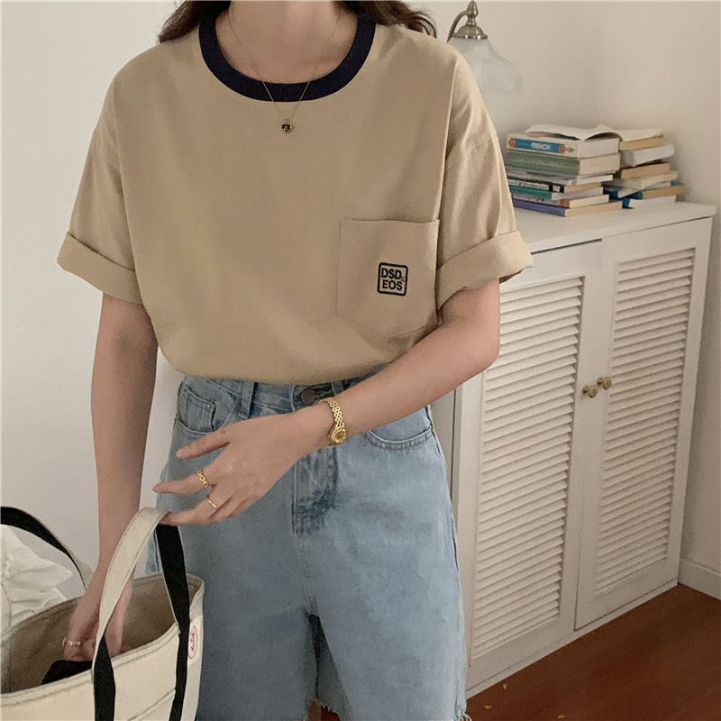 Contrast Color Round Neck Letter Cotton Brushed Short-Sleeved T-Shirt for Women 2025 Summer New Trendyy Japanese Style Loose Casual Top
