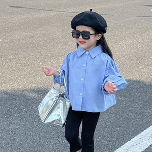 Girls' autumn clothing Korean-style preppy style bubble sleeve blue elegant shirt doll shirt + split flared pants separately shot