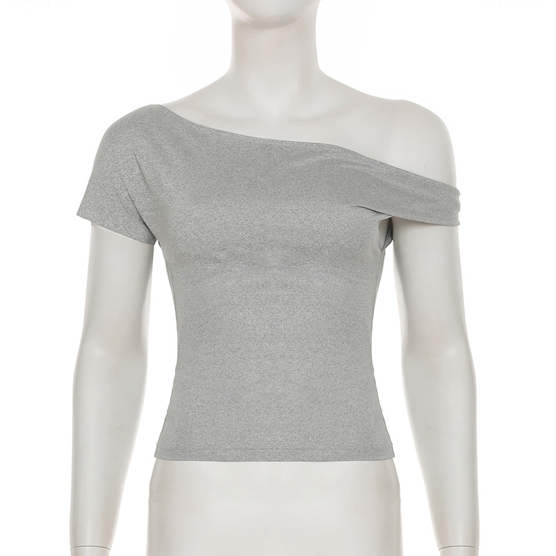 Summer Solid Color Basic Shoulder Short Sleeve Irregular Asymmetric Simple Casual T shirt off the Shoulder Short Top Women