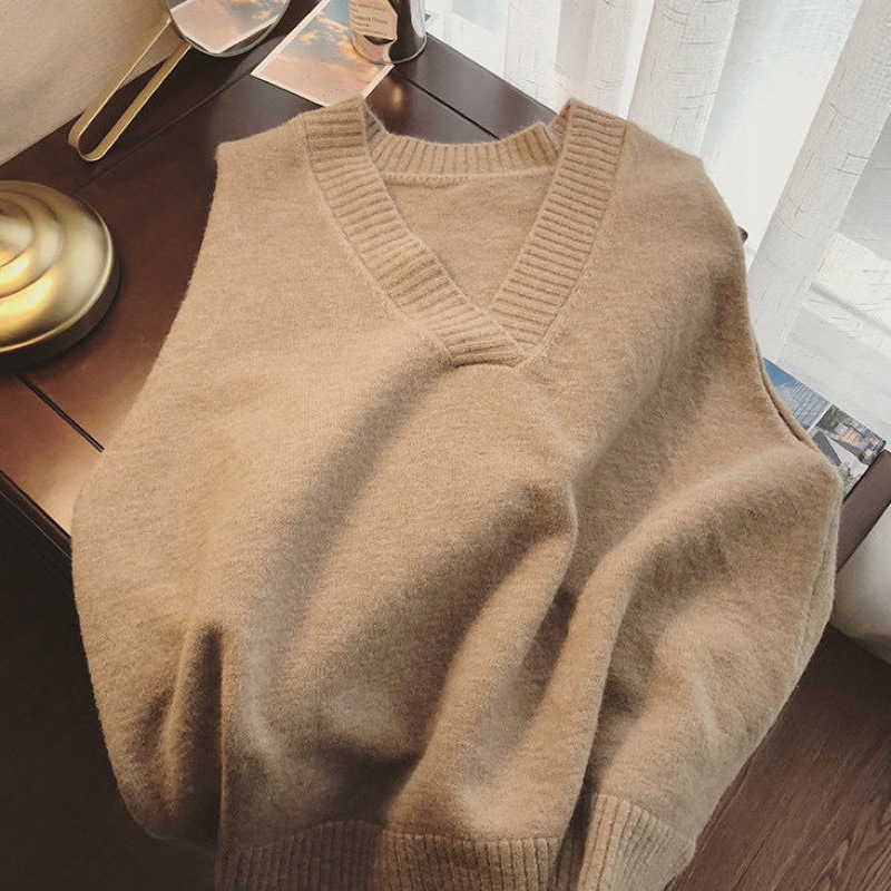 Chaleco de suéter con cuello en V Chaleco de punto sin mangas de estilo coreano de las mujeres simple estilo universitario ropa exterior suelta Chaleco de estilo occidental de moda