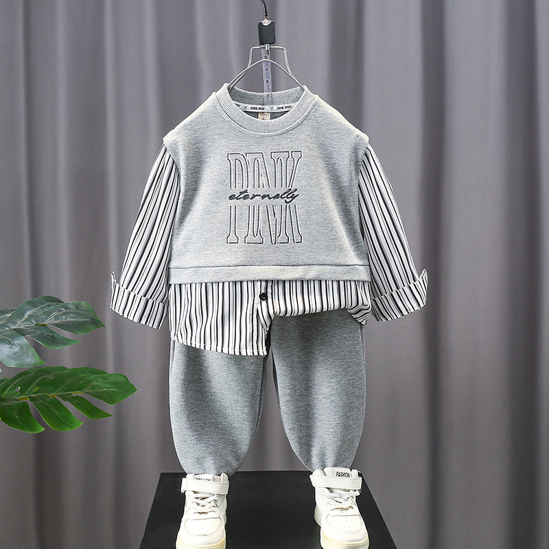 男童卫衣假春秋两件套2025新款早春儿童衬衫上衣宝宝衣服洋气套装