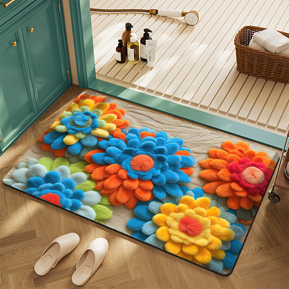 Cross-Border American Floral Crystal Velvet Floor Mats for Home Entrance, Stain-Resistant, Wear-Resistant and Easy-Care Floor Mats, Bathroom Non-Slip Floor Mats
