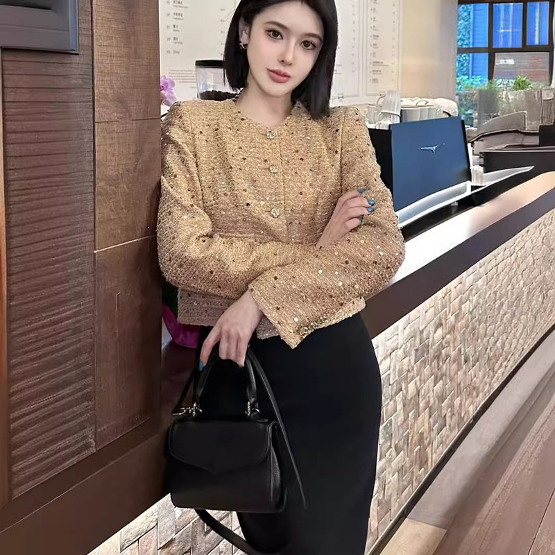 Shenzhen Nanyou Classy Women's CH Home Double-breasted Beading Small Fragrant Tweed Sequined Woolen Jacket Thin
