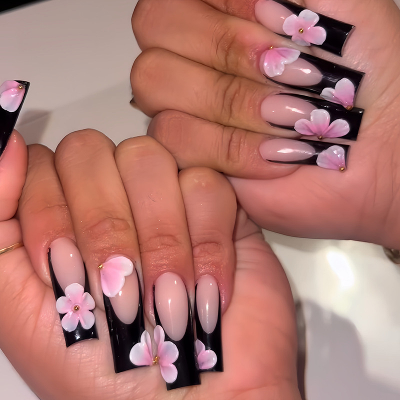 Cross-Border Hot Sale Fashionable Drop-Shaped Long Nails Pure Pink Flower French Black Edge Wearable Nail Products Wholesale