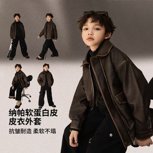 Boys' Autumn and Winter Leather Jacket with Lapels, Trendy and Cool 2025 New Children's Clothing, European and American Style, Fleece-Lined Leather Jacket, Casual and Versatile