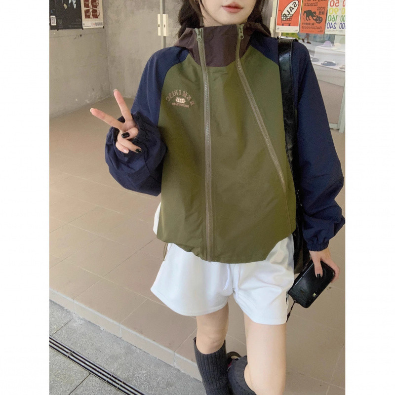 H8A 韓国版コントラストレター刺繍ダブルジッパーショートジャケット女性用春と秋のレトロな年齢軽減ルーズ痩身多用途|undefined