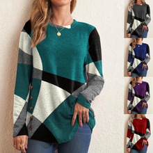 2022欧美秋冬亚马逊独立站新款女装 法国羊绒撞色印花长袖T恤上衣