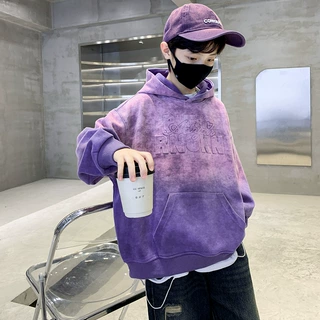男童春秋紫色连帽卫衣2025新款中大童男孩宽松上衣春装儿童装潮童