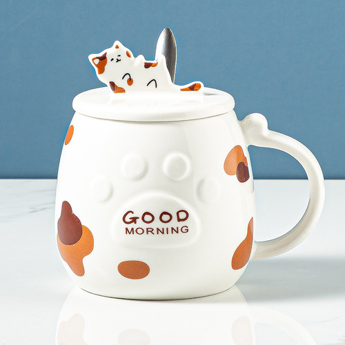 New cat ceramic cup creative mobile phone holder student water cup with lid and spoon coffee cup holiday mug