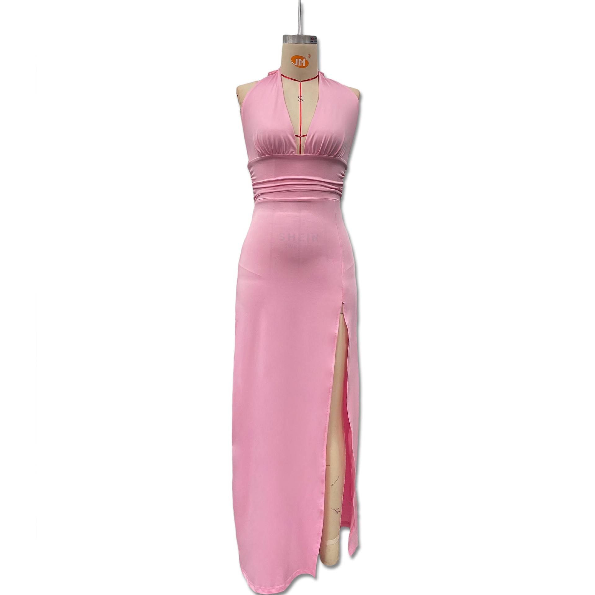 Elegant Women's Sleeveless Halter Neck V Neck Slit Long Dress European American Style Deep V Solid Color Cinching Sexy Dress_ecoleips.com