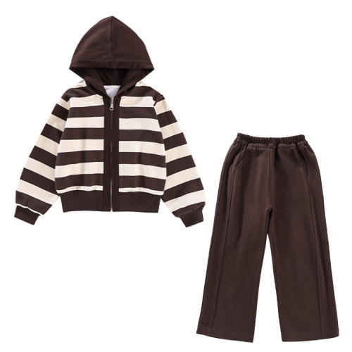 Girls' Spring and Autumn Set  New Style Medium and Large Children's Striped Hooded Sweatshirt Top and Wide-Leg Pants Two-Piece Set