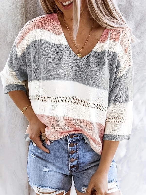 Women'S Casual V Neck Sweater Off Shoulder Striped Knit跨境|undefined