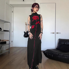 暗黑风玫瑰高领连衣区裙亚马逊新品女装个性玫瑰大露背辣妹长裙夏