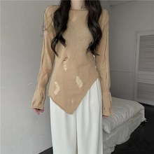 韩版破洞长袖镂空针织衫女2025年秋冬新款设计感小众修身薄款上衣