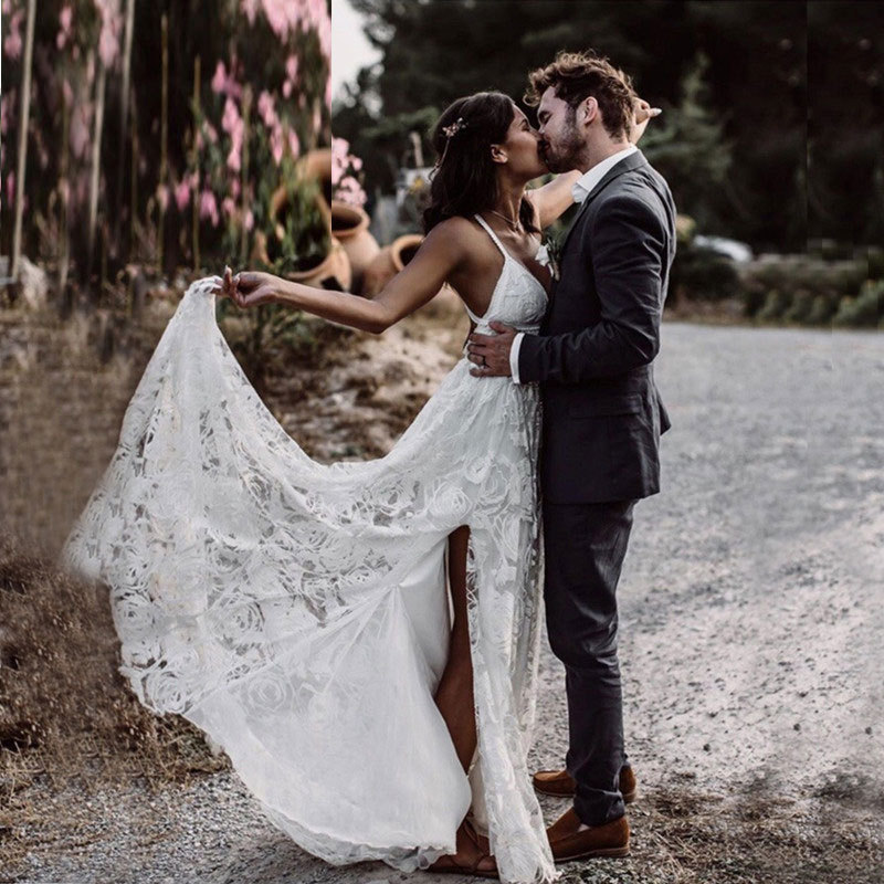 Comercio exterior europeo y americano Amazon AliExpress deseo nuevo sexy Correa encaje vestido de novia más tamaño vestido de novia
