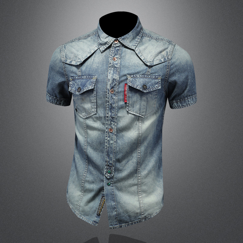 Camicia da uomo a maniche corte con colletto risvoltato, stile europeo e americano, per il commercio estero, camicia slim fit in denim lavato vintage per_voghion.com