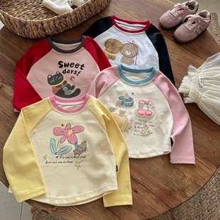 Little Salty Lemon Girls' Long Sleeve T-Shirt, Girls' Raglan Sleeve Autumn New Style Baby Top, Color-Block Cartoon T-Shirt Base Shirt
