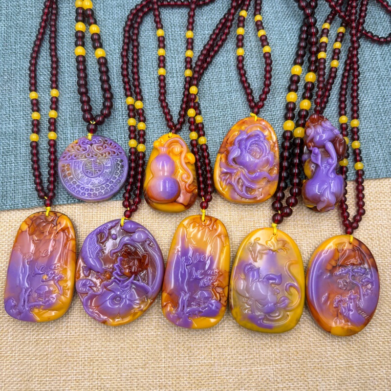 Trendy Imitation Hetian Jade Blood Purple Amber Pendant Imitation Purple Amber Necklace Pendant Gourd Pixiu Autumn and Winter Sweater Chain