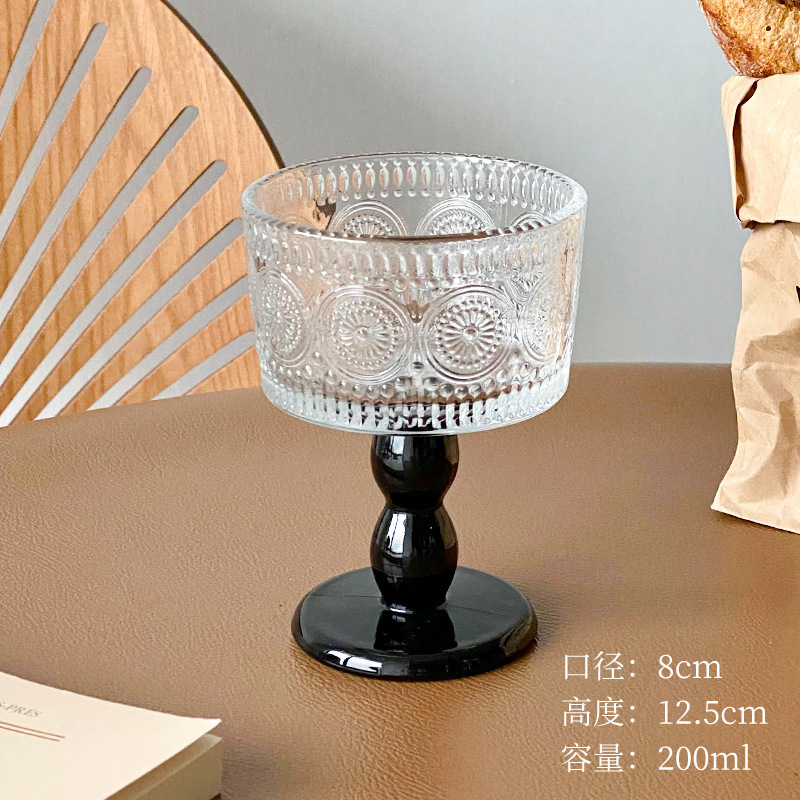 Retro medieval en relieve taza de helado de vidrio de pie alto taza de postre helado tazón de yogur tazón de desayuno nicho sensación de atmósfera