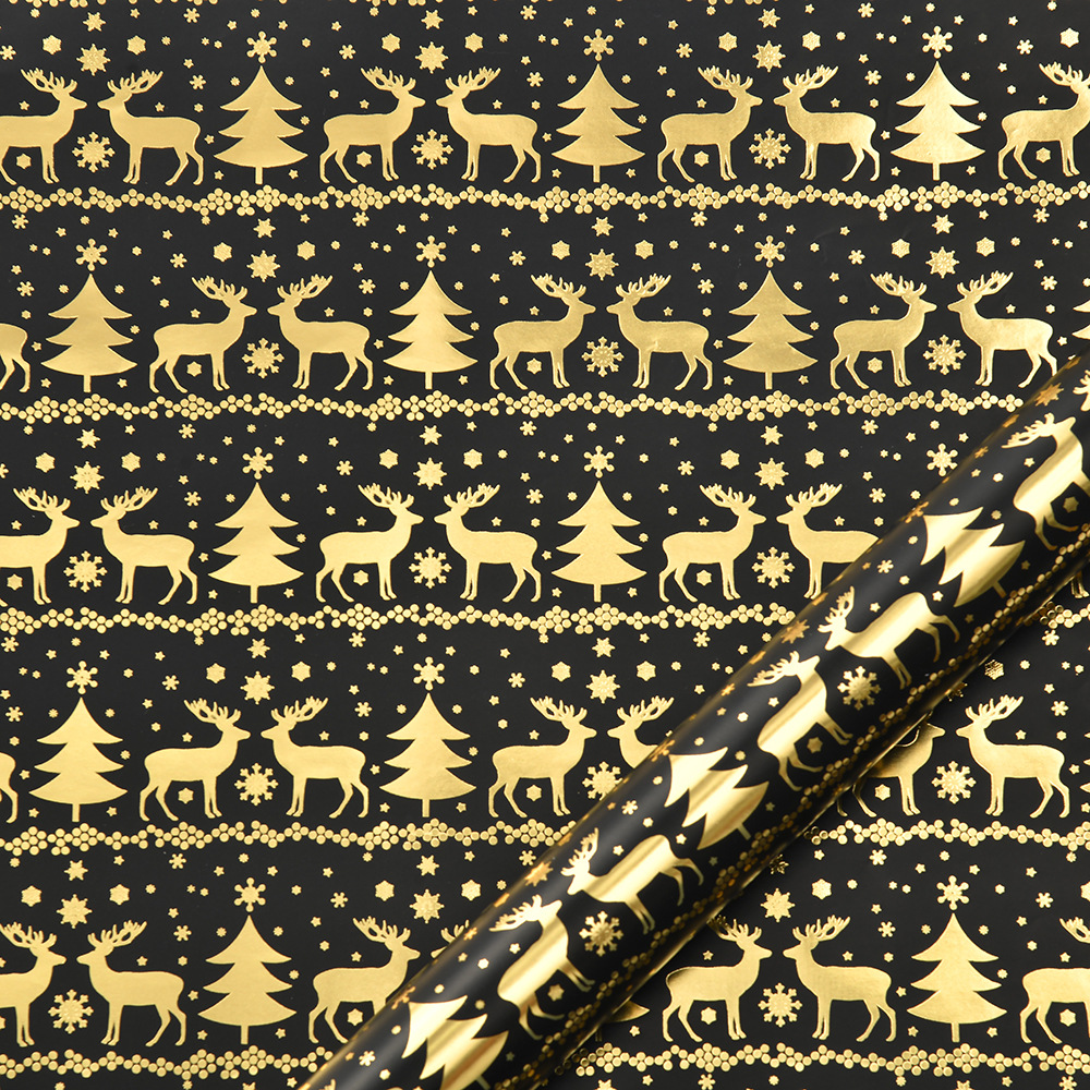 Nuevo papel de embalaje de Navidad estampado retro oro negro alce copo de nieve regalos de árbol de Navidad papel de regalo al por mayor