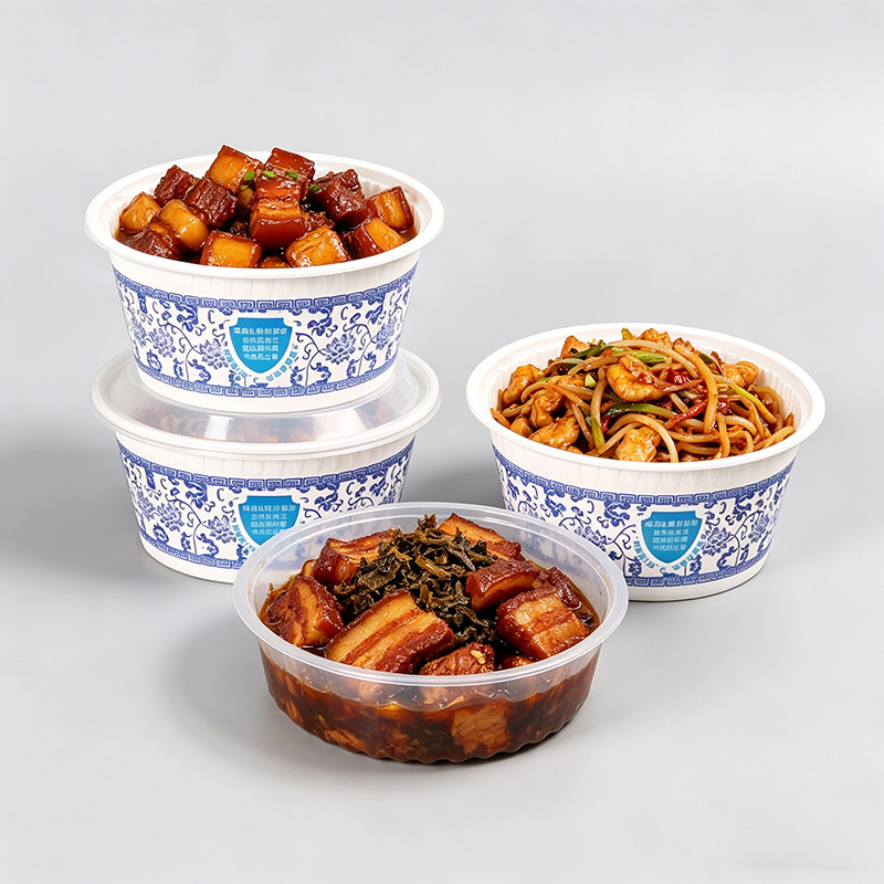 Caja de comedor de porcelana de color azul desechable redonda gruesa para llevar tazón de embalaje con cubierta horno de microondas para alimentos domésticos comerciales