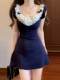 Lace Stitching Spice Girl Doll Collar dress Women's Summer New Slim-fit Pleated Waisted Slim-fit A- line Short Skirt