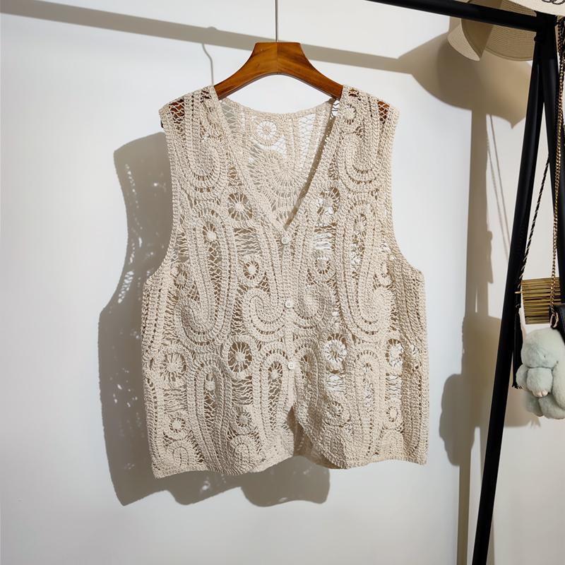 Gouhua Hollow Knitted Vest Cardigan Women's Summer New Design Niche Sleeveless Vest Top for Outer Wear Gouhua Hollow Knitted Vest Cardigan Women's Summer New Design Niche Sleeveless Vest Top for Outer Wear