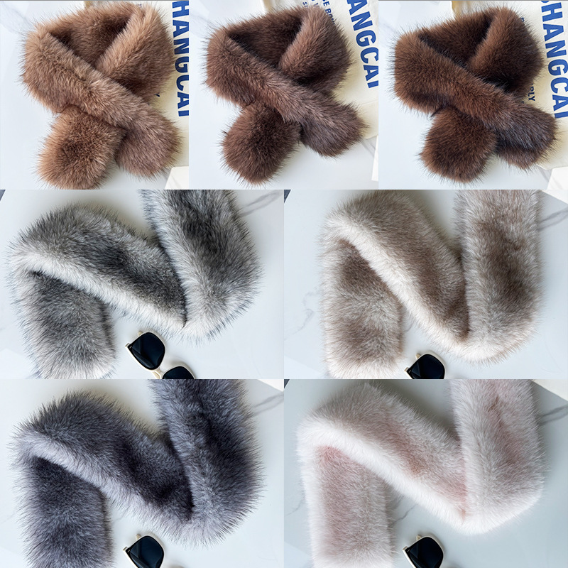 Imitation Fox Fur Scarf Winter Thickeneded Double-Sided Velvet Straight Scarf Simple Fashion Versatile Cross Plush Scarf