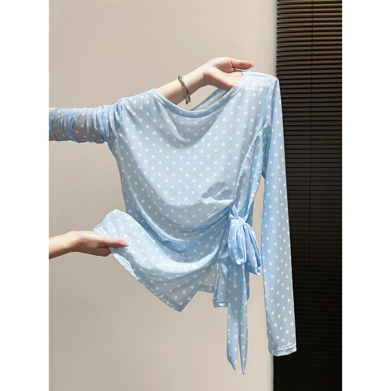 Korean Style Polka Dot Mesh Sun Protection Cover-Up Long-Sleeve T-Shirt, Summer Thin New Model, Tie-Up Slim Fit Top